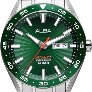 Alba Stainless Steel Mens A3B007X1 Green Patterned Dial Mechanical Analogue Watch, Band_Silver
